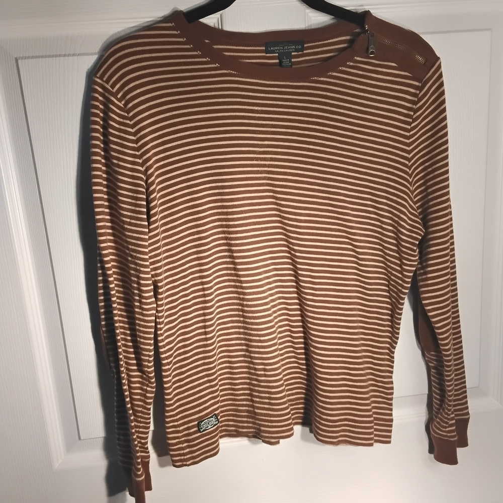 RALPH LAUREN   Brown and White Striped Long Sleeve Shirt